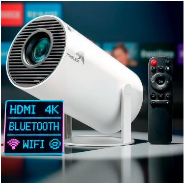 Projetor HY300 Smart Portátil Pholex Full HD 4K Android 11 WiFi Bluetooth Mini Projetor Home Theater Branco Imagem Nítida Alta Luminosidade Som Potente Compatív